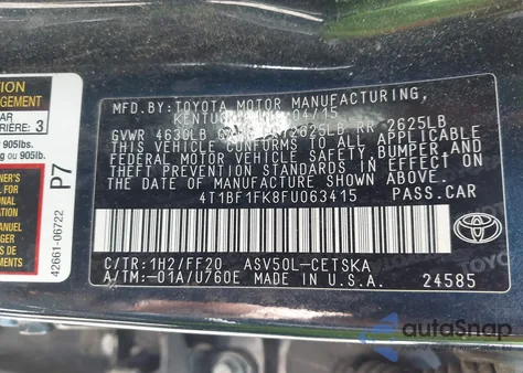2015 Toyota Camry Se from USA, damaged, VIN 4T1BF1FK8FU063415